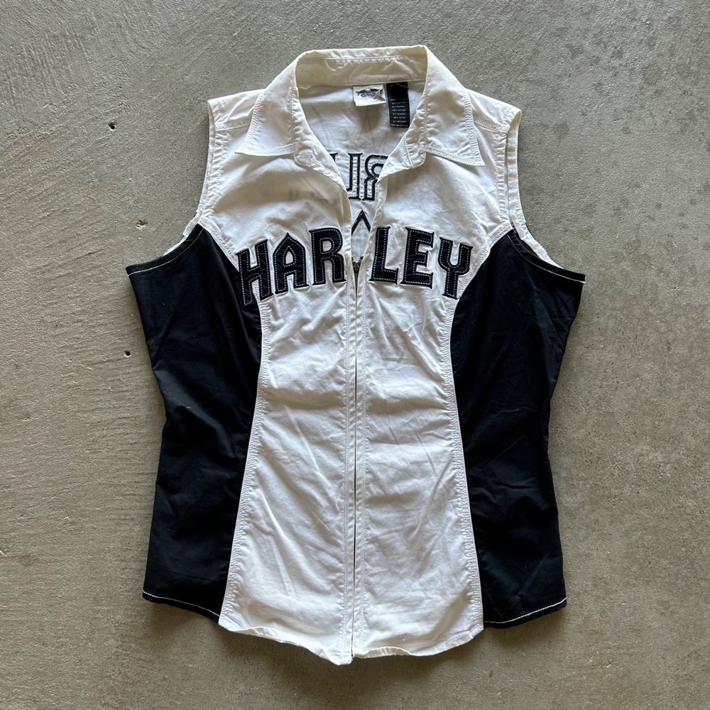 Vintage Harley Davidson Shirt Womens Large White Black Full Zip Collared Biker